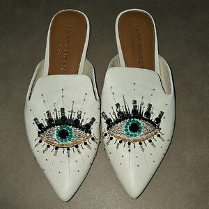 Kurt Geiger White Pointed Crystal Eye Embellished Mules